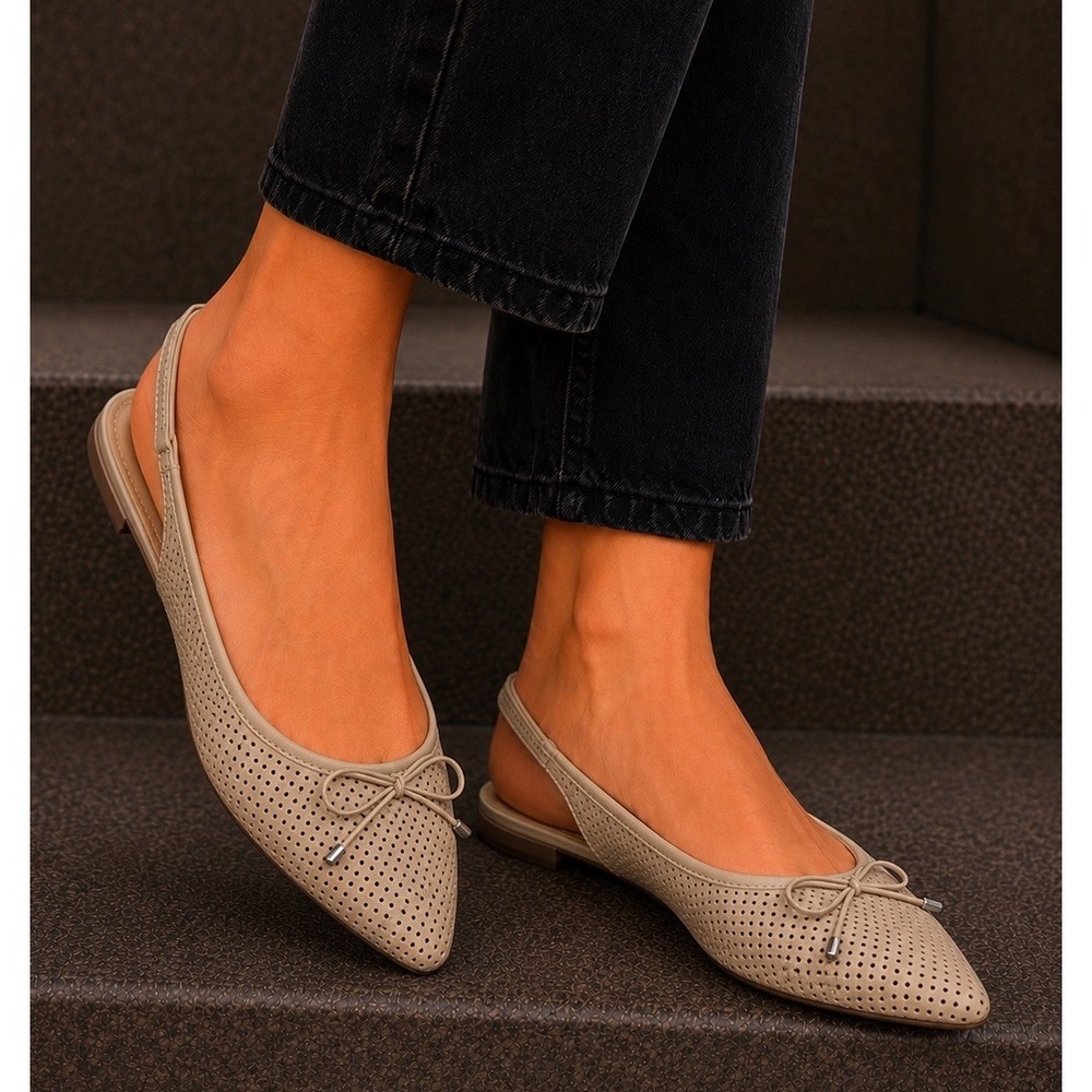Esprit Patria Beige Perforated Slingback Pointed Toe Bow Womens Ballet Flat 9.5M